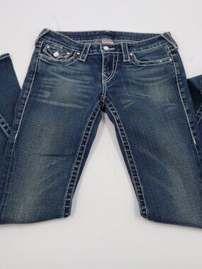 True Religion Joey Flare Jean Womens 28 Blue Rhinestone Contrast Stitch Low Rise